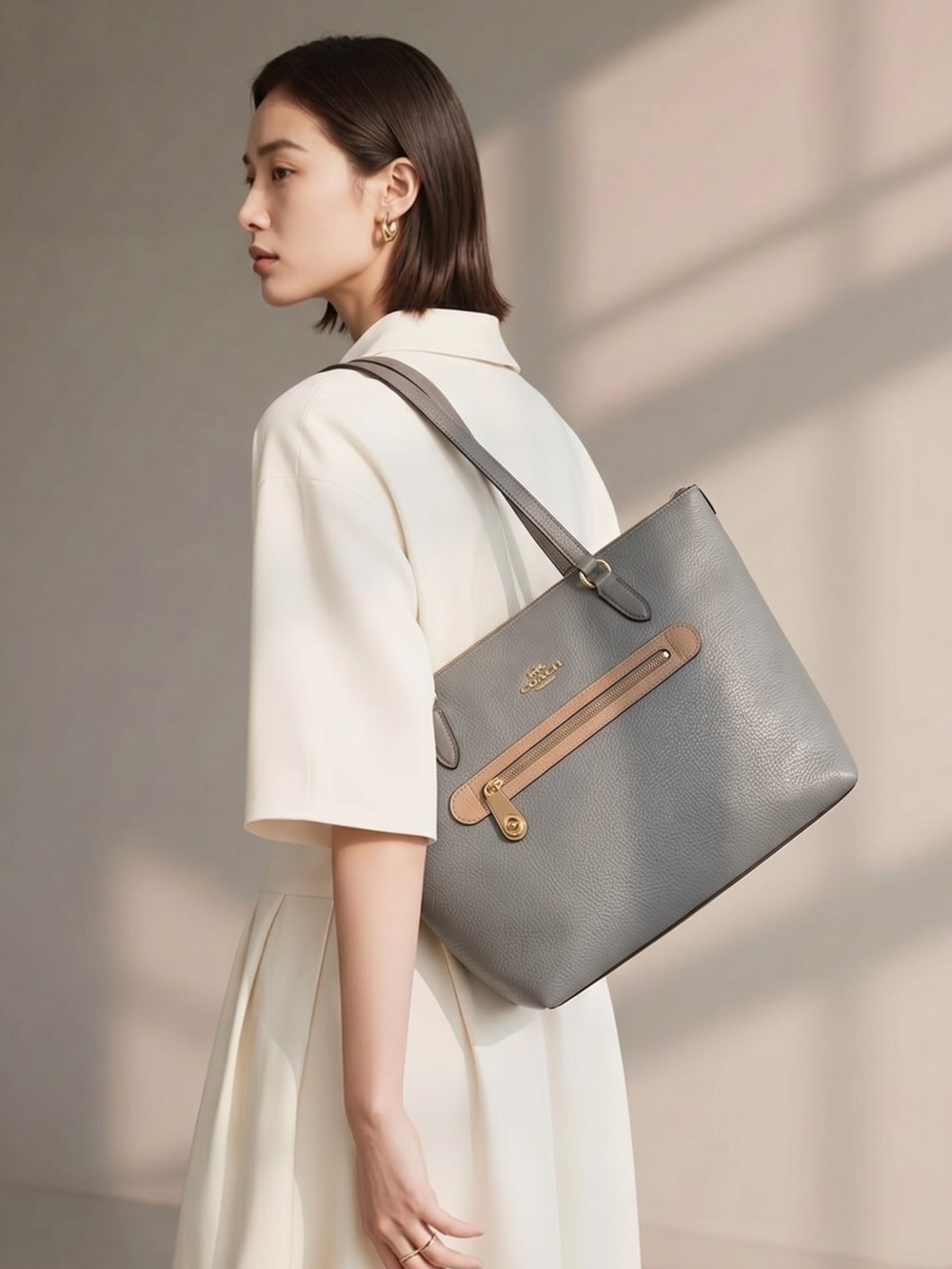 Coach Gray Tote with Tan Accent and Gold Hardware - Picture 1 of 13